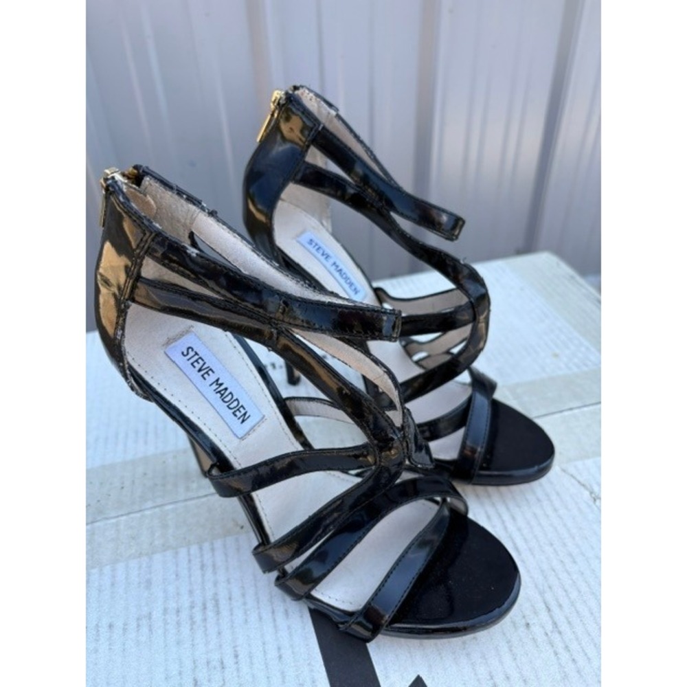 Steve Madden Stella Black Patent Caged Strappy Stiletto Heels Size 7M
